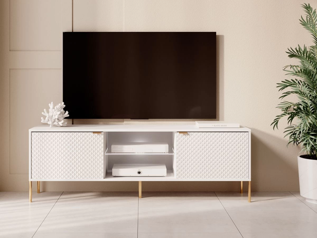 TV-Lowboard "Rubin" In Weiß Glanz Mit 3-D Struktur TV Unterteil Mit Soft-Close Und LED 153 X 54 Cm 5 TV-Lowboard "Rubin" In Weiß Glanz Mit 3-D Struktur TV Unterteil Mit Soft-Close Und LED 153 X 54 Cm – Bild 3