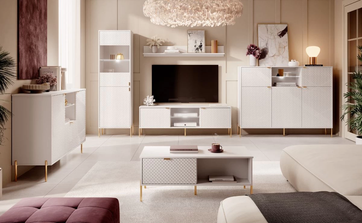 TV-Lowboard "Rubin" In Weiß Glanz Mit 3-D Struktur TV Unterteil Mit Soft-Close Und LED 153 X 54 Cm 6 TV-Lowboard "Rubin" In Weiß Glanz Mit 3-D Struktur TV Unterteil Mit Soft-Close Und LED 153 X 54 Cm – Bild 4