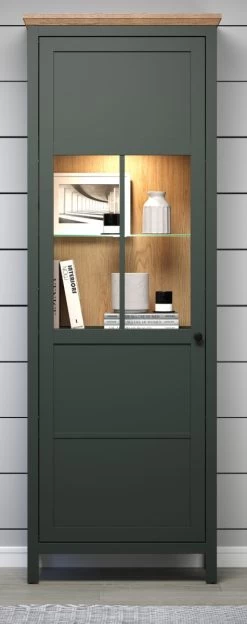 Vitrine "Stanton" In Grün Und Evoke Eiche Landhaus Vitrinenschrank Inklusive LED Beleuchtung 69 X 198 Cm