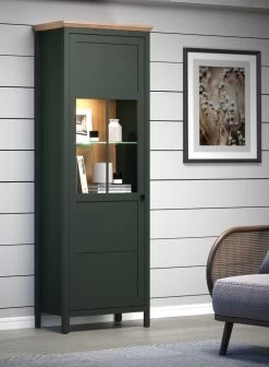 Vitrine "Stanton" In Grün Und Evoke Eiche Landhaus Vitrinenschrank Inklusive LED Beleuchtung 69 X 198 Cm -Wohnwelt Verkauf 9796 8