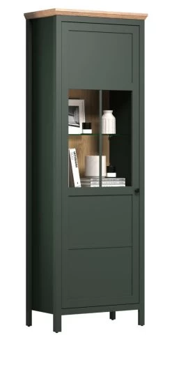 Vitrine "Stanton" In Grün Und Evoke Eiche Landhaus Vitrinenschrank Inklusive LED Beleuchtung 69 X 198 Cm -Wohnwelt Verkauf 9796 9