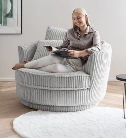 Drehsessel "Comfy" In Hellgrau Mega-Cord XL Sessel 360° Drehbar Inklusive 3 X Kissen