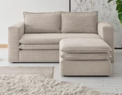 Sofa Set "Pesaro" In Beige Cord Couch 2-Sitzer Inklusive Hocker