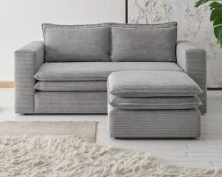 Sofa Set "Pesaro" In Hellgrau Cord Couch 2-Sitzer Inklusive Hocker