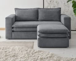 Sofa Set "Pesaro" In Grau Cord Couch 2-Sitzer Inklusive Hocker