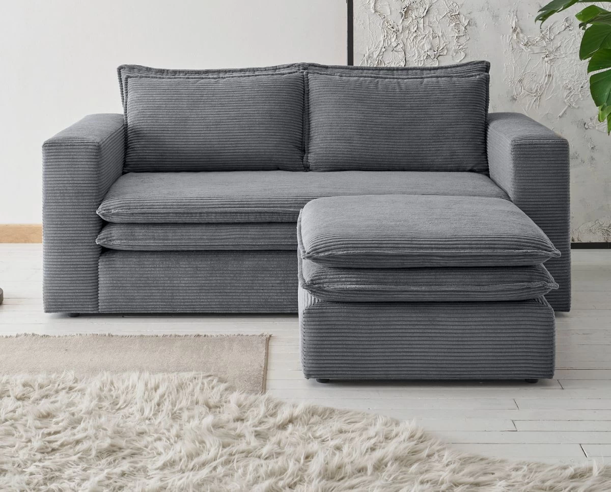 Sofa Set "Pesaro" In Grau Cord Couch 2-Sitzer Inklusive Hocker 3 Sofa Set "Pesaro" In Grau Cord Couch 2-Sitzer Inklusive Hocker