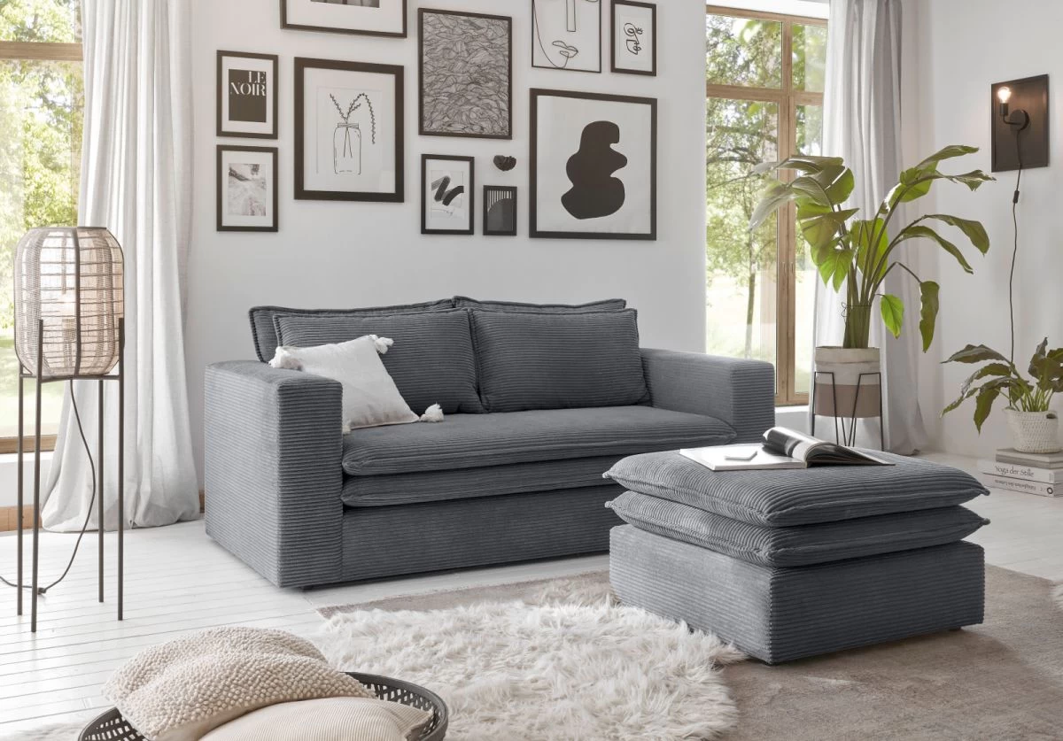 Sofa Set "Pesaro" In Grau Cord Couch 2-Sitzer Inklusive Hocker 6 Sofa Set "Pesaro" In Grau Cord Couch 2-Sitzer Inklusive Hocker – Bild 4