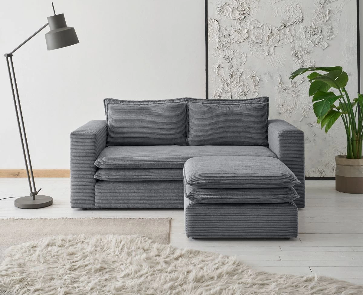 Sofa Set "Pesaro" In Grau Cord Couch 2-Sitzer Inklusive Hocker 7 Sofa Set "Pesaro" In Grau Cord Couch 2-Sitzer Inklusive Hocker – Bild 5