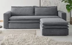 Sofa Set "Pesaro" In Grau Cord Couch 3-Sitzer Mit Bettfunktion Inklusive Hocker