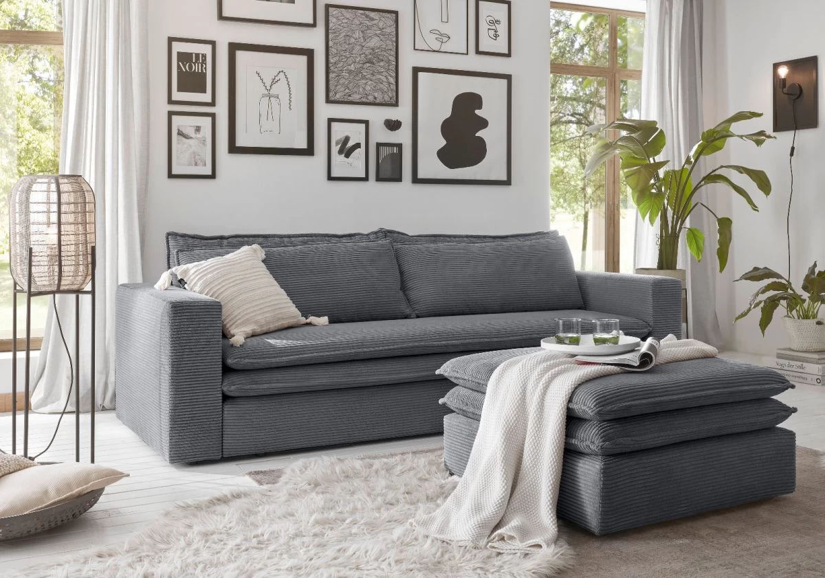 Sofa Set "Pesaro" In Grau Cord Couch 3-Sitzer Mit Bettfunktion Inklusive Hocker 6 Sofa Set "Pesaro" In Grau Cord Couch 3-Sitzer Mit Bettfunktion Inklusive Hocker – Bild 4