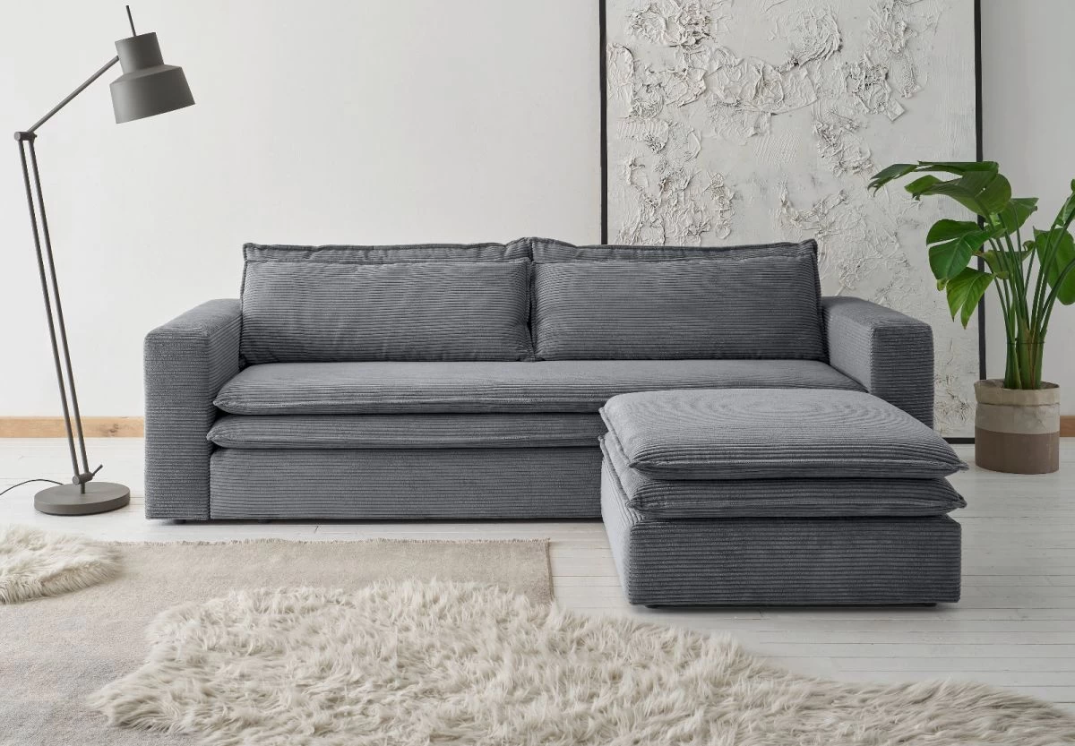Sofa Set "Pesaro" In Grau Cord Couch 3-Sitzer Mit Bettfunktion Inklusive Hocker 7 Sofa Set "Pesaro" In Grau Cord Couch 3-Sitzer Mit Bettfunktion Inklusive Hocker – Bild 5