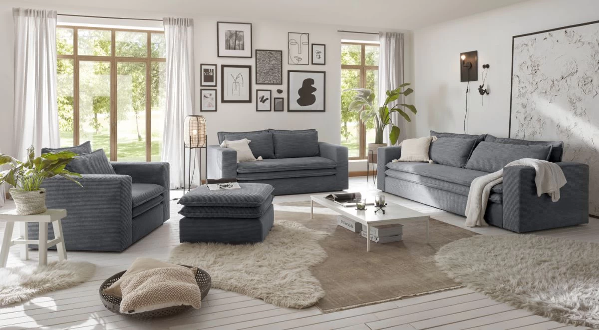 Sofa Set "Pesaro" In Grau Cord Couch 3-Sitzer Mit Bettfunktion Inklusive Hocker 8 Sofa Set "Pesaro" In Grau Cord Couch 3-Sitzer Mit Bettfunktion Inklusive Hocker – Bild 6