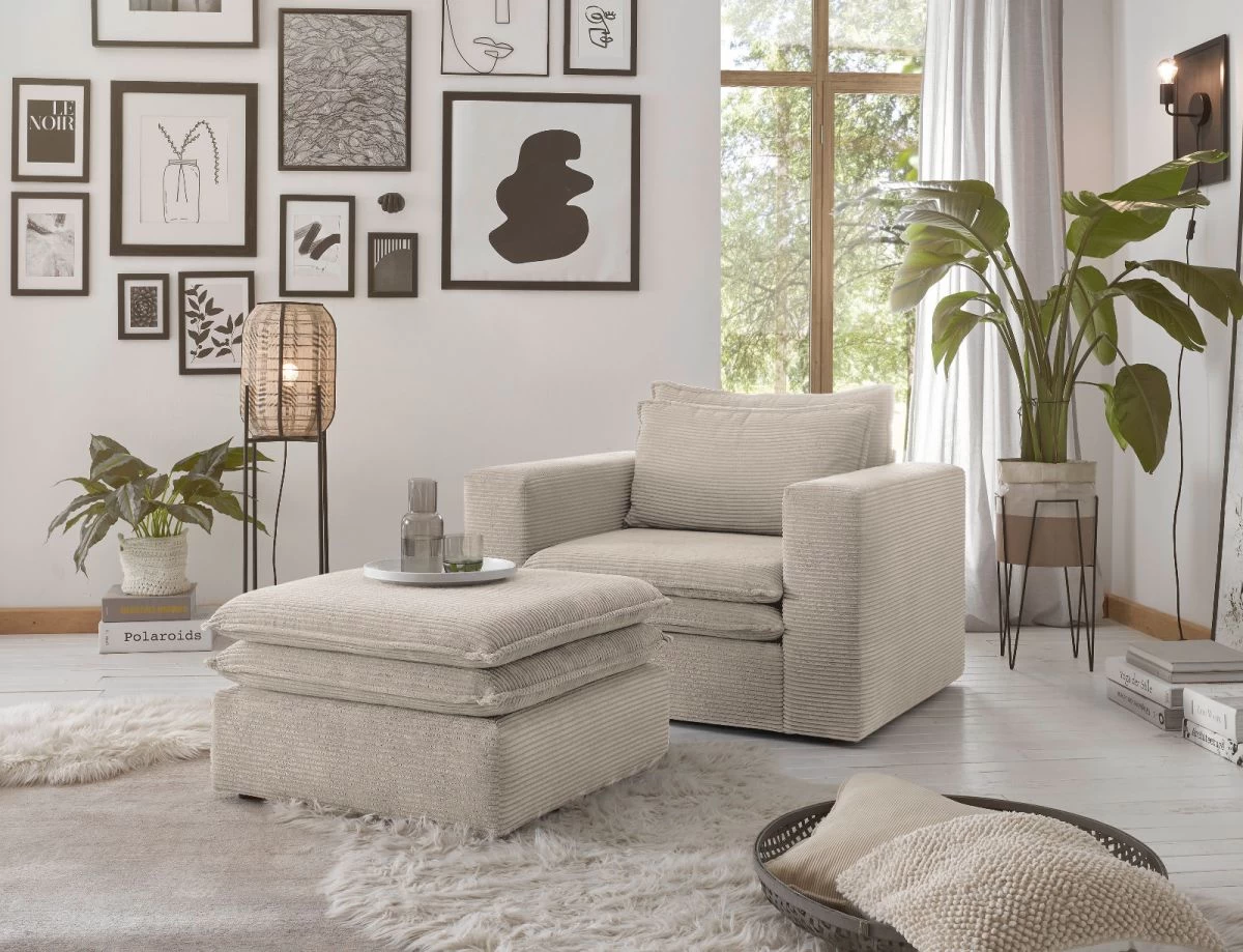 Sessel Set "Pesaro" In Beige Cord Couch Loungesessel Inklusive Hocker 6 Sessel Set "Pesaro" In Beige Cord Couch Loungesessel Inklusive Hocker – Bild 4