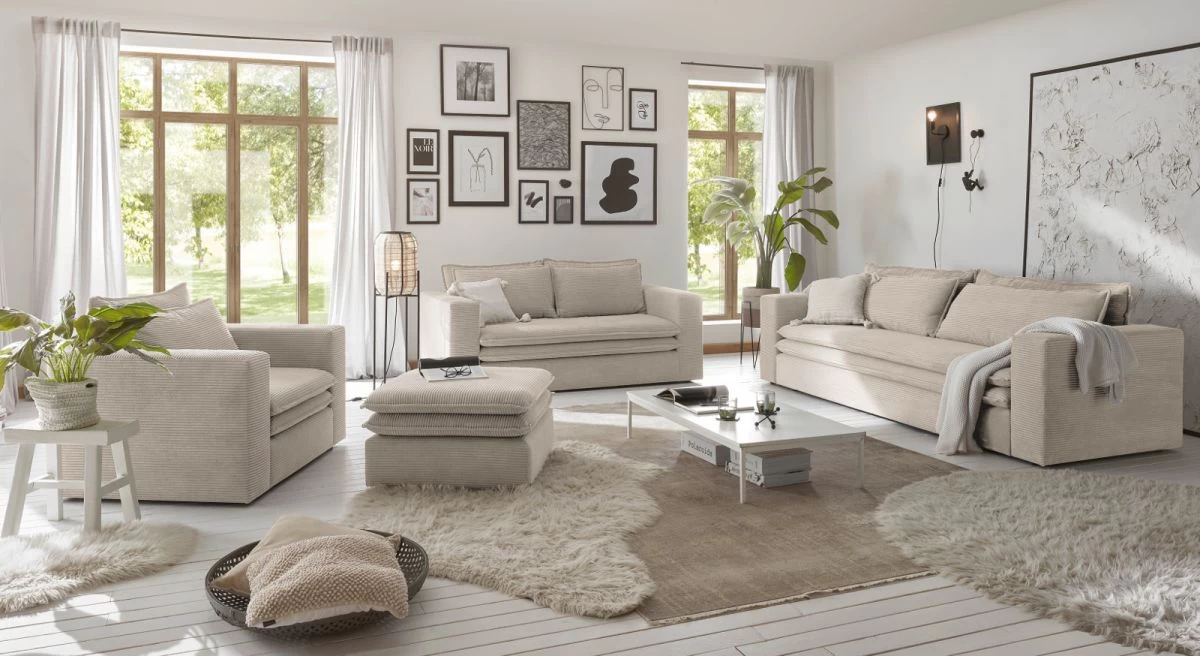 Sessel Set "Pesaro" In Beige Cord Couch Loungesessel Inklusive Hocker 8 Sessel Set "Pesaro" In Beige Cord Couch Loungesessel Inklusive Hocker – Bild 6
