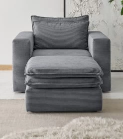 Sessel Set "Pesaro" In Grau Cord Couch Loungesessel Inklusive Hocker