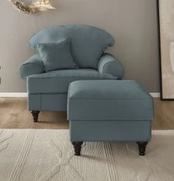 Sessel Set "Adelina" In Grau Landhaus Loungesessel Inklusive Hocker