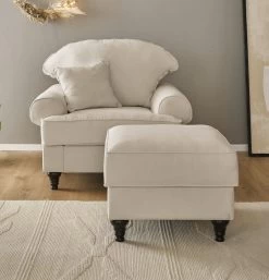 Sessel Set "Adelina" In Beige Landhaus Loungesessel Inklusive Hocker