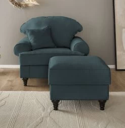 Sessel Set "Adelina" In Blaugrün Landhaus Loungesessel Inklusive Hocker