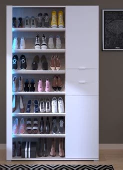 Schuhschrank "Shoesing" In Weiß Mit Eiche Schuhregal Inklusive LED Beleuchtung 110 X 186 Cm